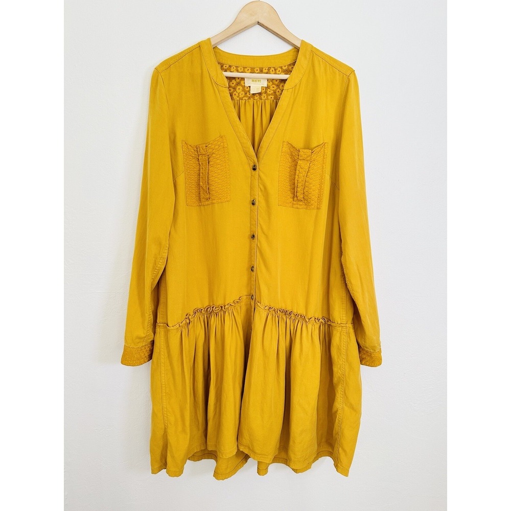 Anthropologie Maeve Marlie Dress Womens 14 Button Front Long sleeve Yellow Gold